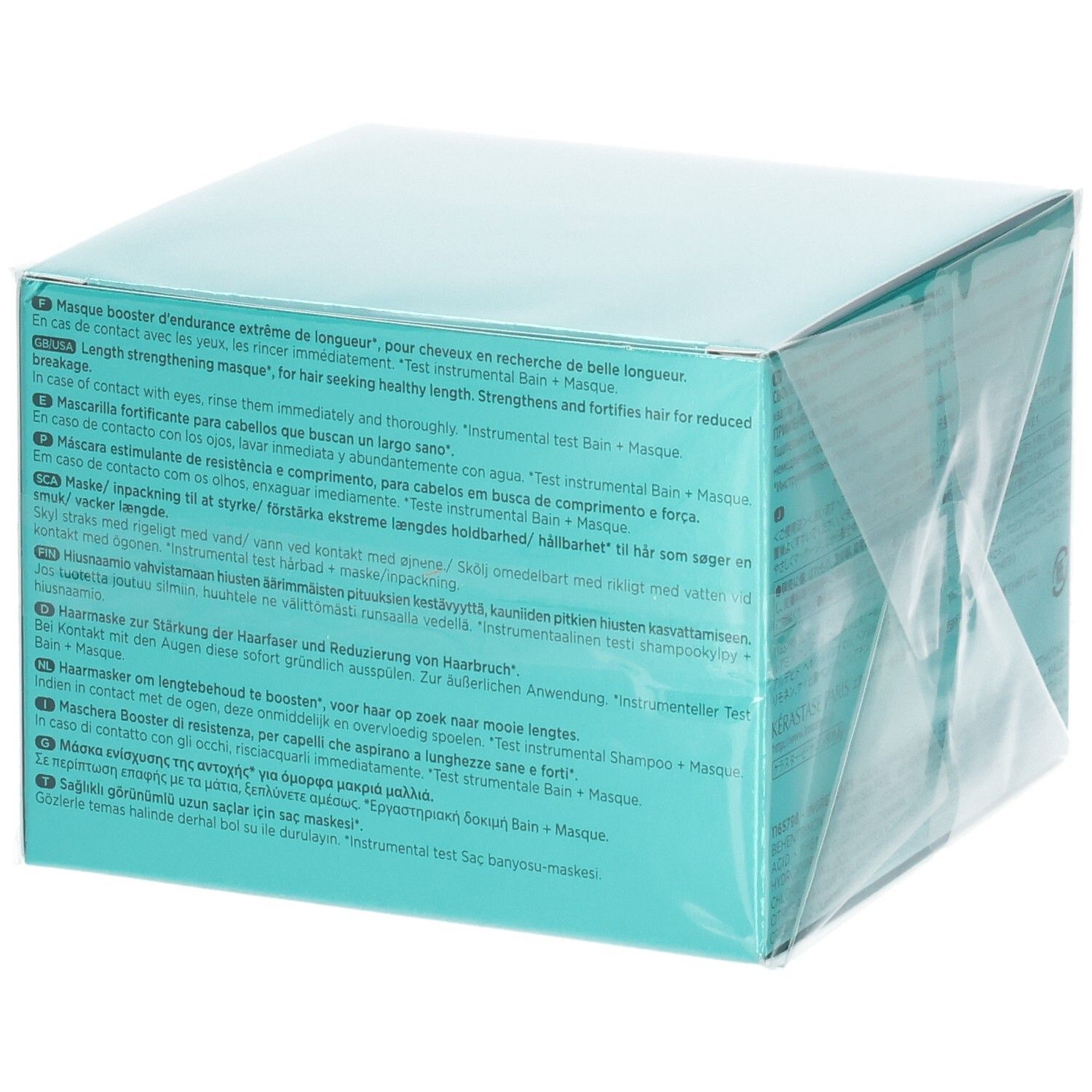 Emballage Kérastase Résistance Masque Extentioniste, côté avec descriptions produit multilingues.