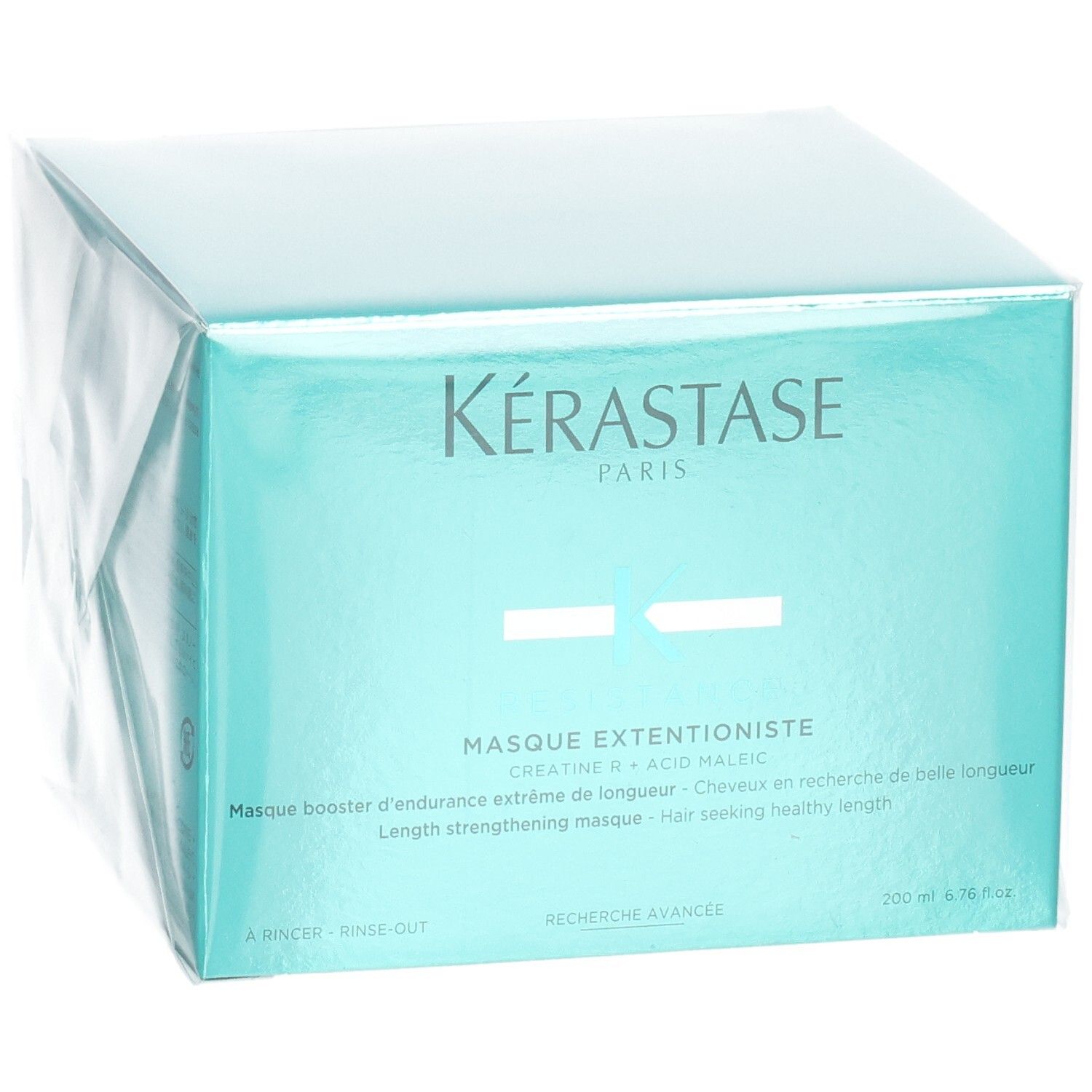 Emballage Kérastase Résistance Masque Extentioniste, vue de trois quarts avant avec logo et nom produit.