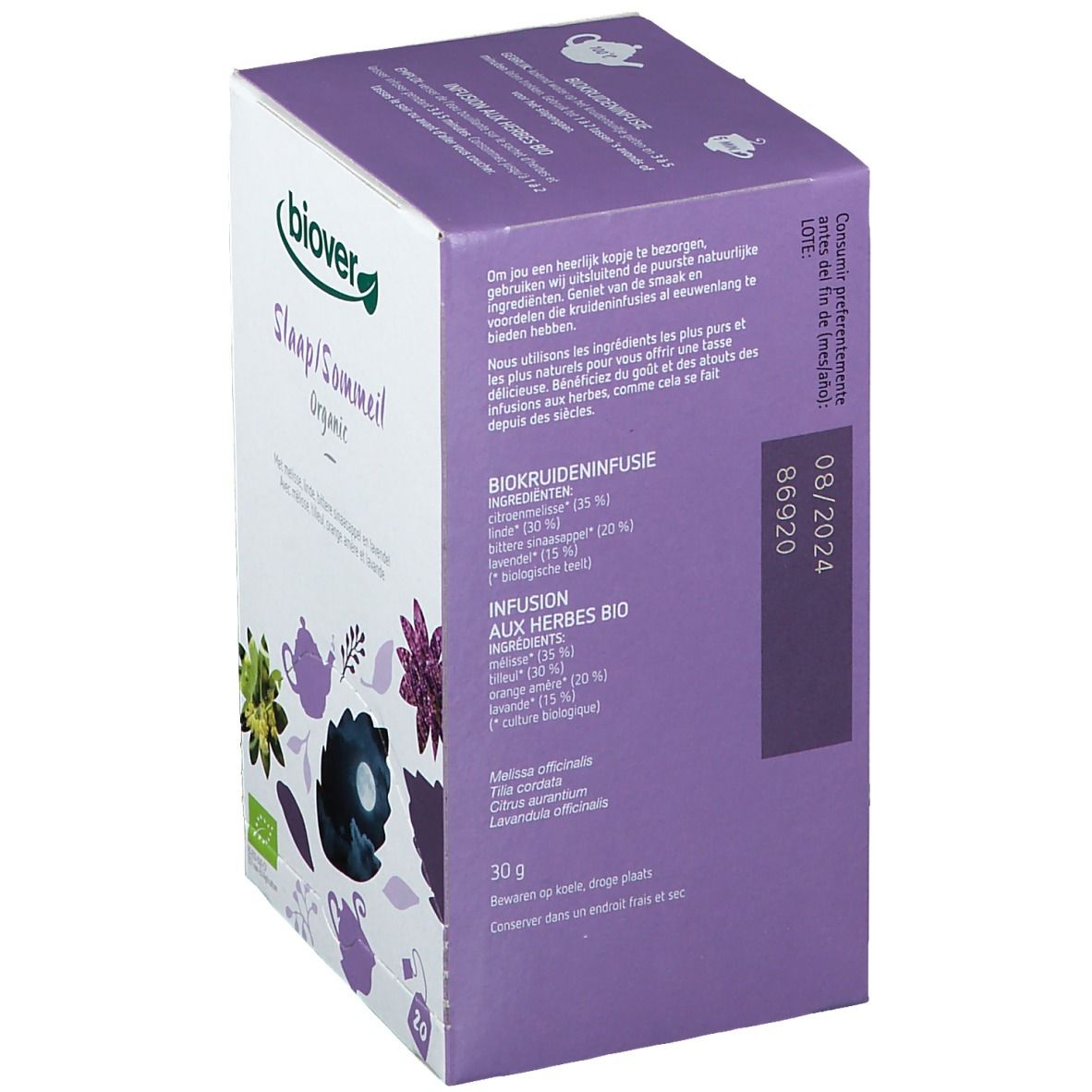 Boîte de thé Biover Schlaf/Sommeil. Inscriptions : 'Slaap/Sommeil Organic', 20 sachets, label bio.
