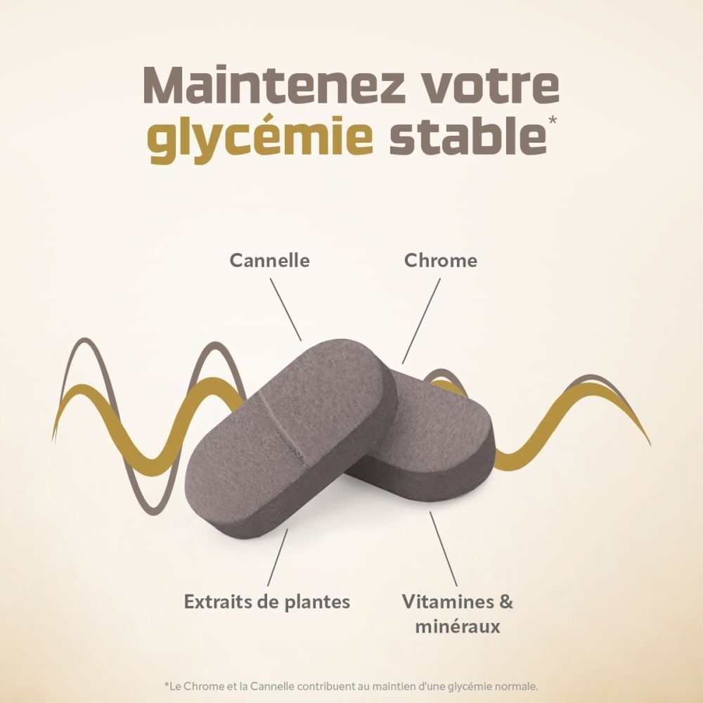 Glycepure: Deux comprimés avec cannelle, chrome, extraits végétaux, vitamines et minéraux.