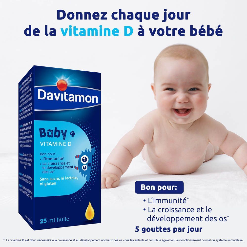 Davitamon Baby + Vitamine D : boîte et flacon.