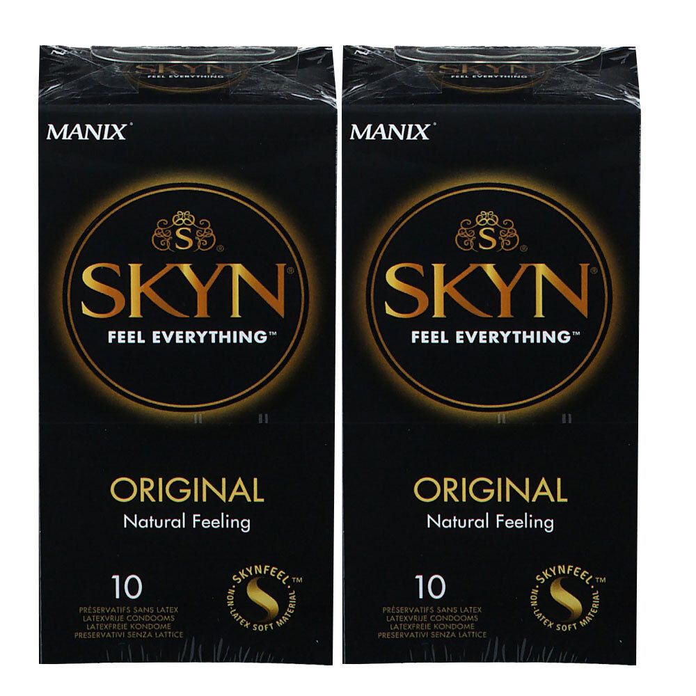 Deux boîtes de préservatifs. Inscriptions : MANIX, SKYN, ORIGINAL, 10. Emballage noir avec des détails dorés.