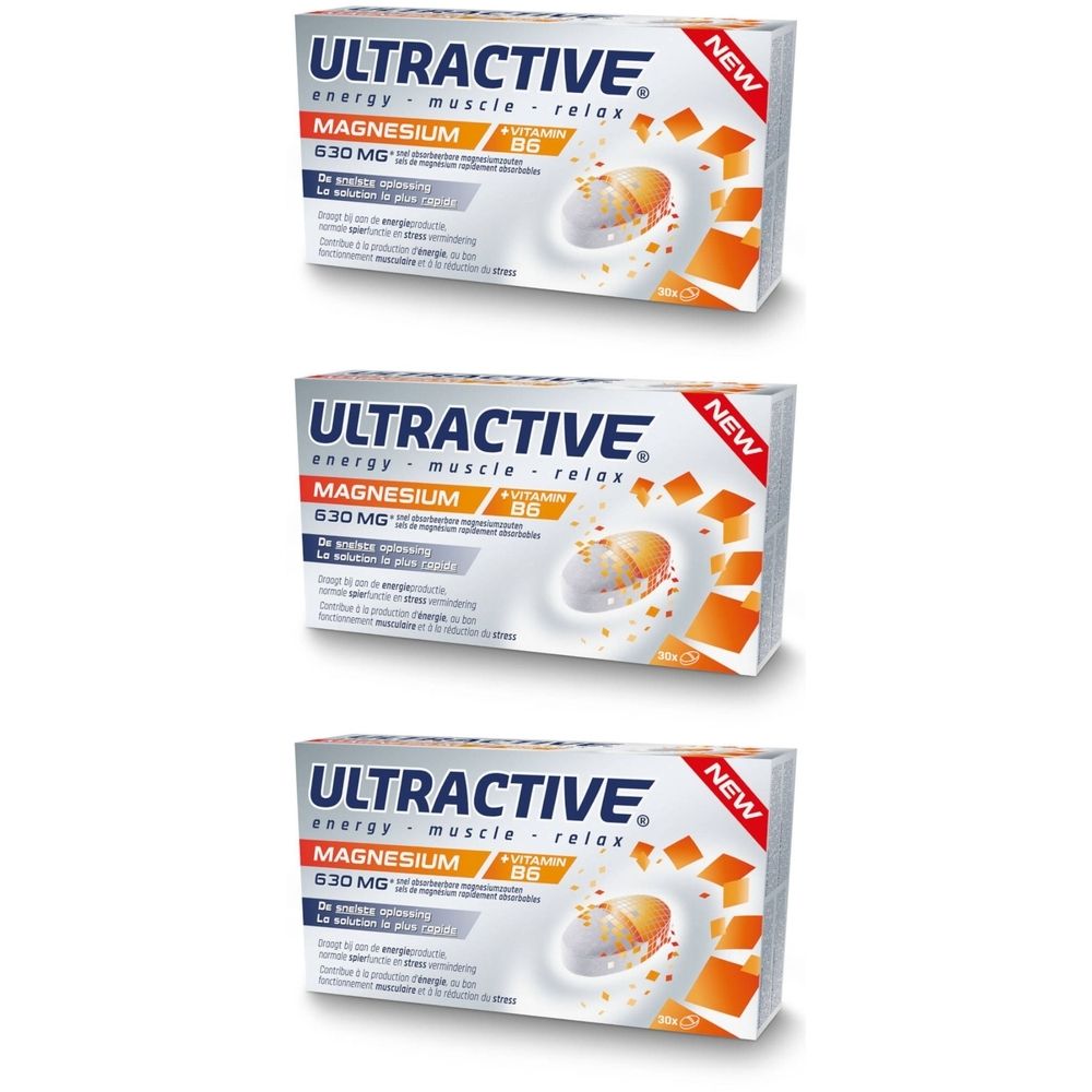 Trois boîtes de "ULTRACTIVE Magnesium 630 MG". Chaque boîte porte la mention "NEW".
