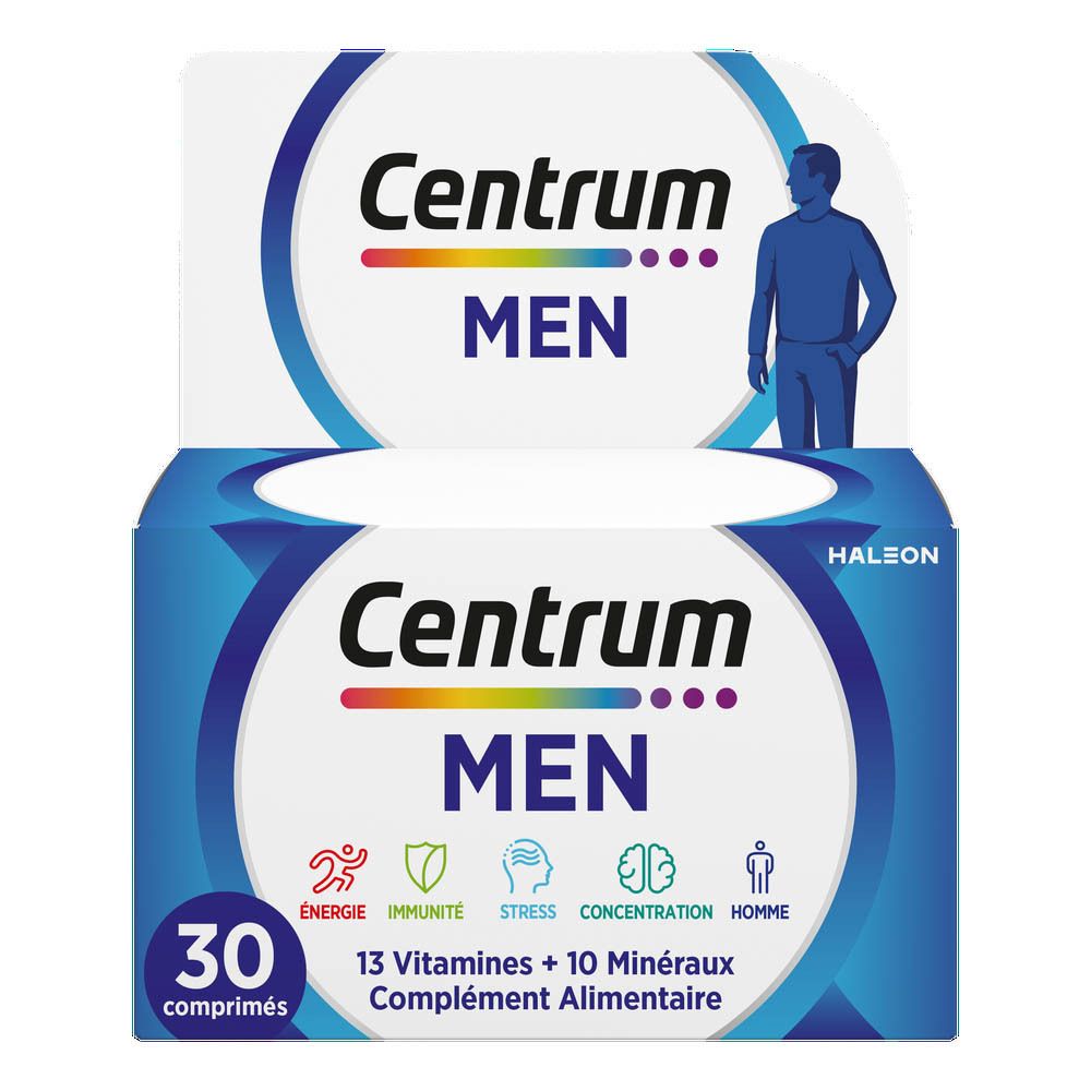 Boîte Centrum® Men. Bleu, avec logo, 30 comprimés, 13 vitamines + 10 minéraux. HALEON.