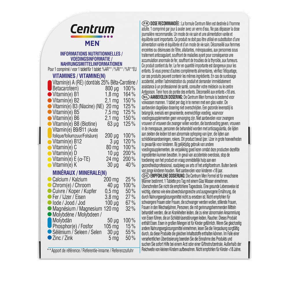 Deux boîtes et un flacon de Centrum® Men. Emballage bleu avec logo et informations produit.