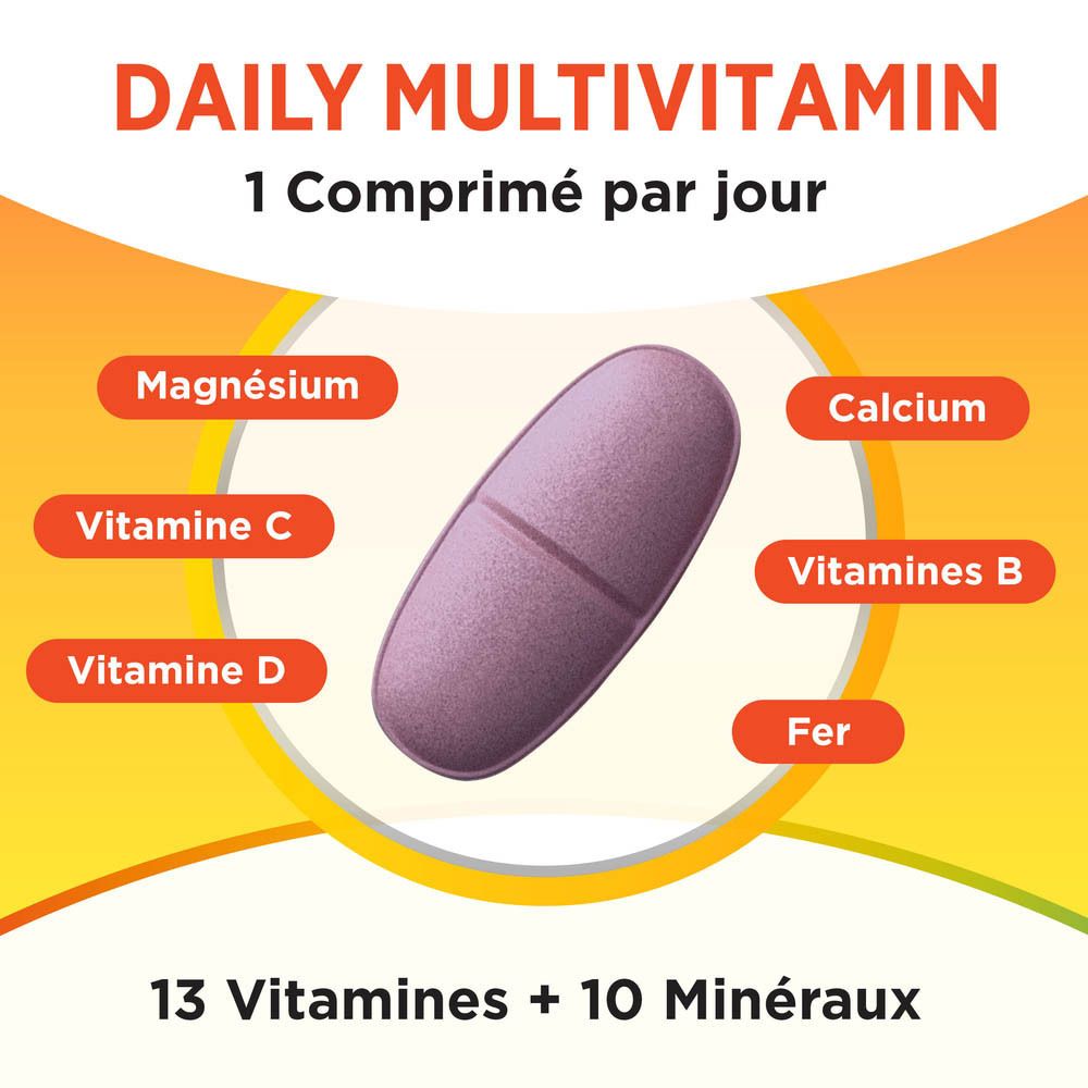 Un comprimé avec texte : Magnésium, Vitamine C, Vitamine D, Calcium, Vitamines B, Fer. 13 Vitamines + 10 Minéraux.