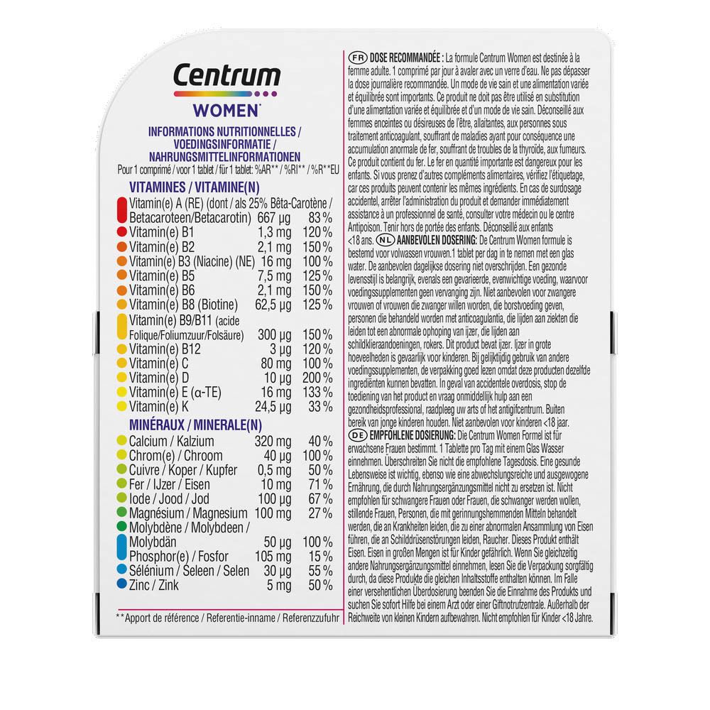 Dos de la boîte Centrum® Woman. Informations sur les vitamines et minéraux.