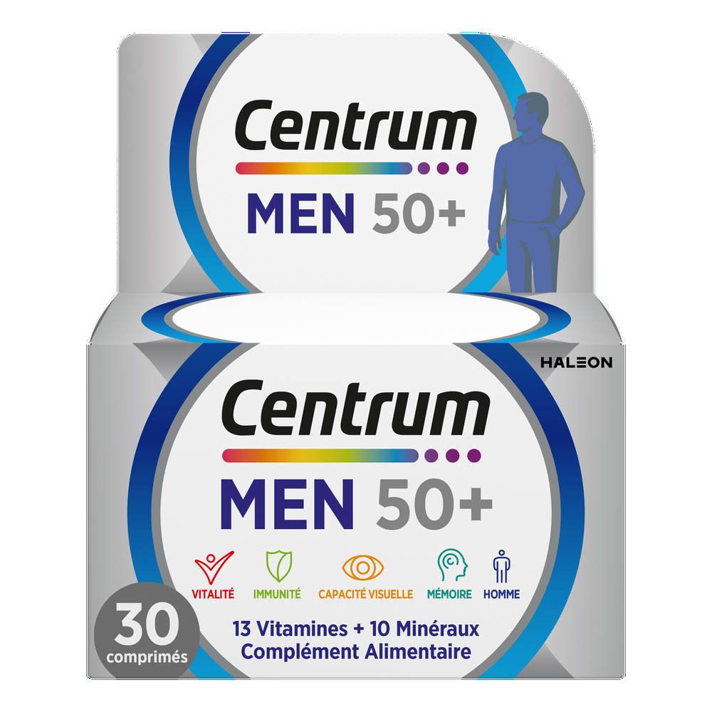 Deux boîtes de Centrum Men 50+. Inscription : 30 comprimés, 13 vitamines + 10 minéraux.