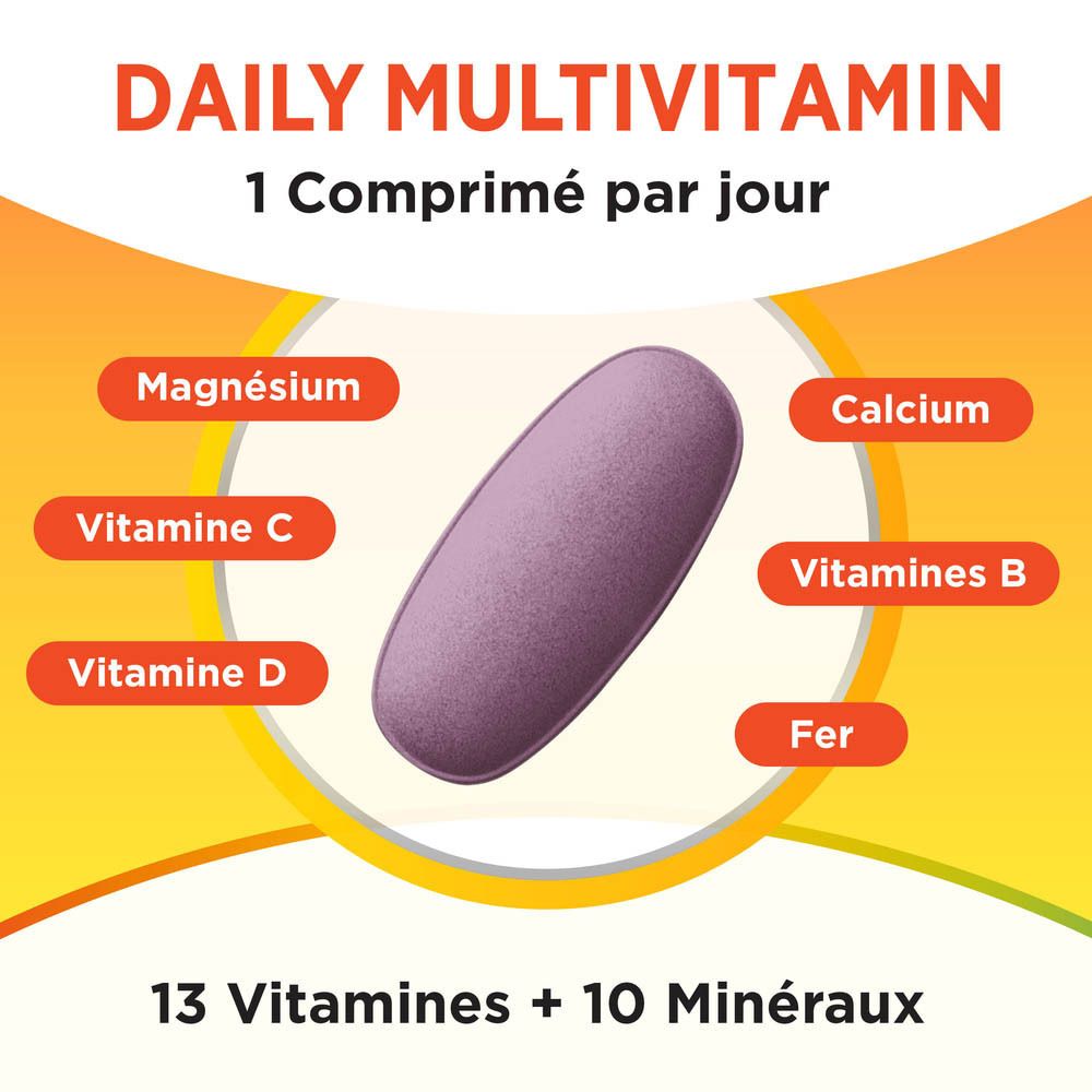 Un comprimé avec texte. Texte : Daily Multivitamin, 1 Comprimé par jour. Ingrédients : Magnésium, Calcium, Vitamines C, D, B, Fer.