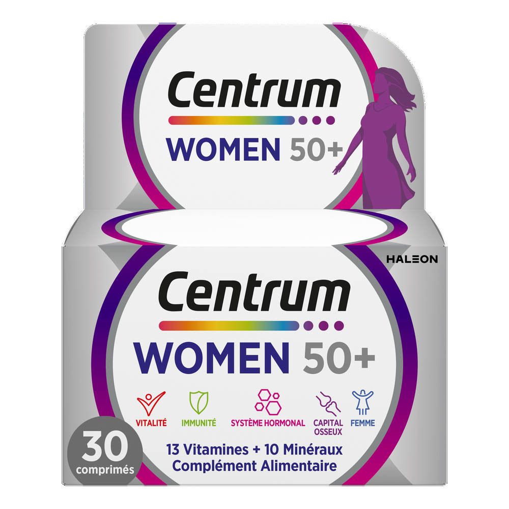 Deux boîtes de Centrum Women 50+. Inscription : 30 comprimés, 13 Vitamines + 10 Minéraux, Complément Alimentaire.