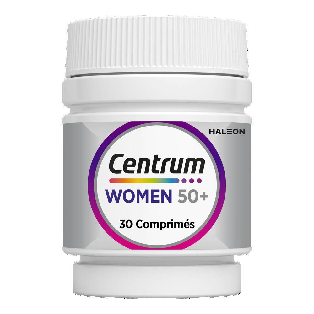 Flacon Centrum Women 50+. Couvercle blanc, étiquette grise avec logo et texte. 30 comprimés.