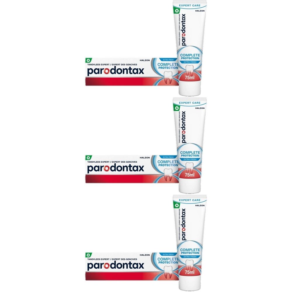Trois tubes de dentifrice parodontax® Complete Protection. Tubes blancs, texte rouge et vert.