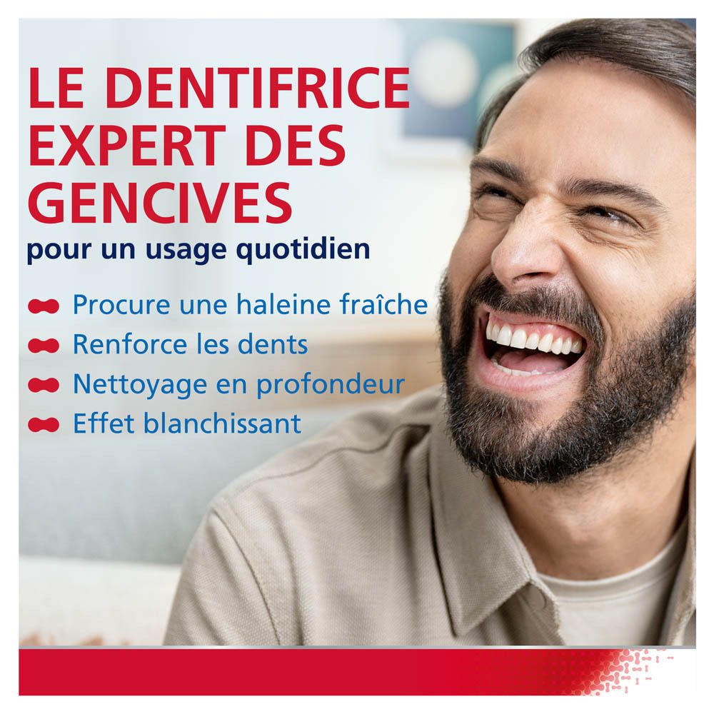 Homme qui rit. Texte : Le dentifrice expert des gencives pour un usage quotidien. Avantages.