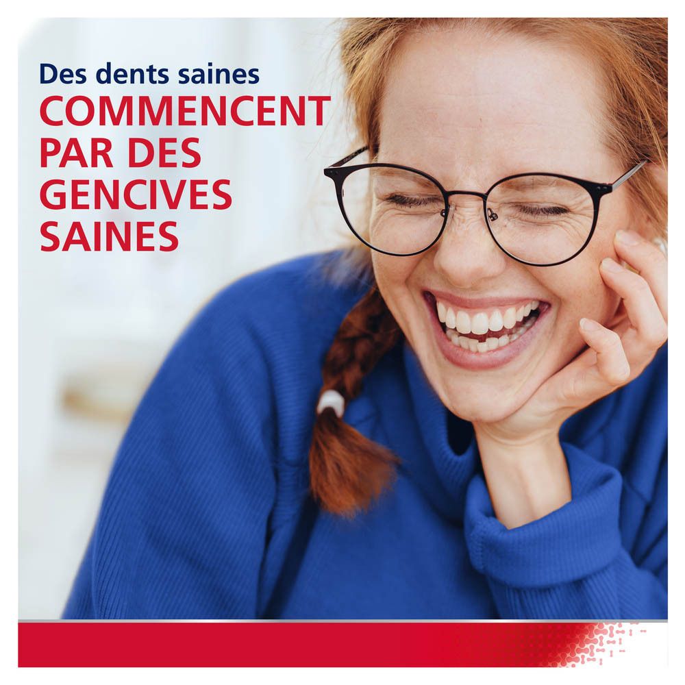 Femme qui rit. Texte : Des dents saines commencent par des gencives saines.