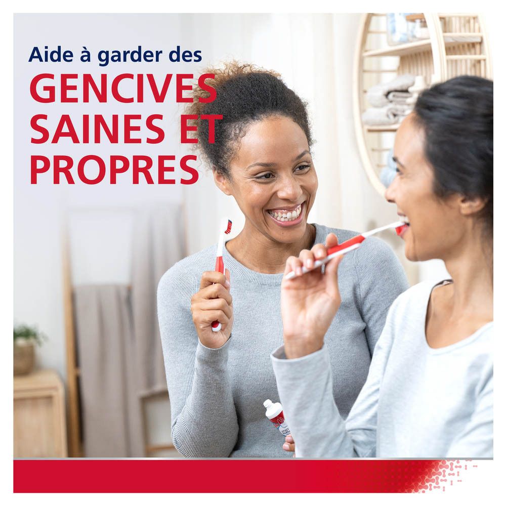 Deux femmes se brossent les dents. Texte : Aide à garder des gencives saines et propres.