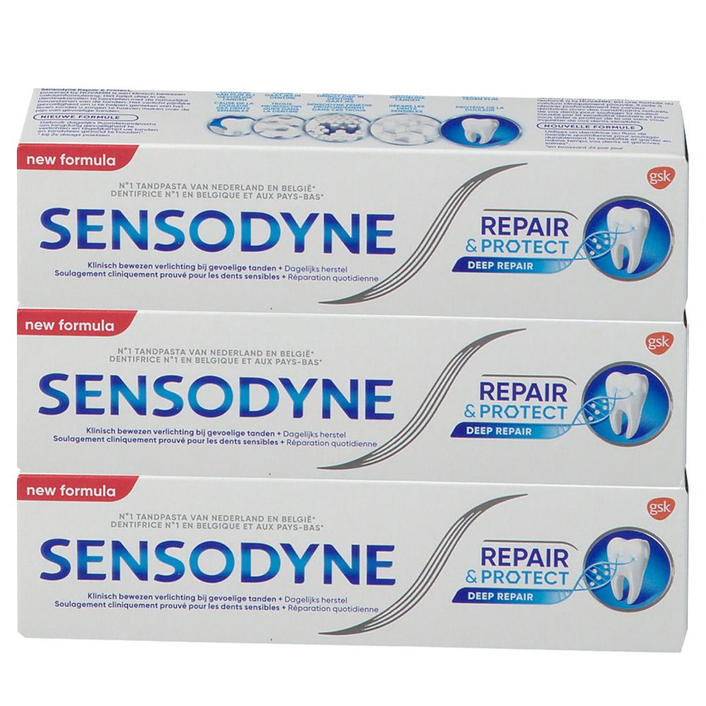 Trois tubes de dentifrice Sensodyne dans un emballage. Inscription: Repair & Protect, Deep Repair. Avec le logo GSK.
