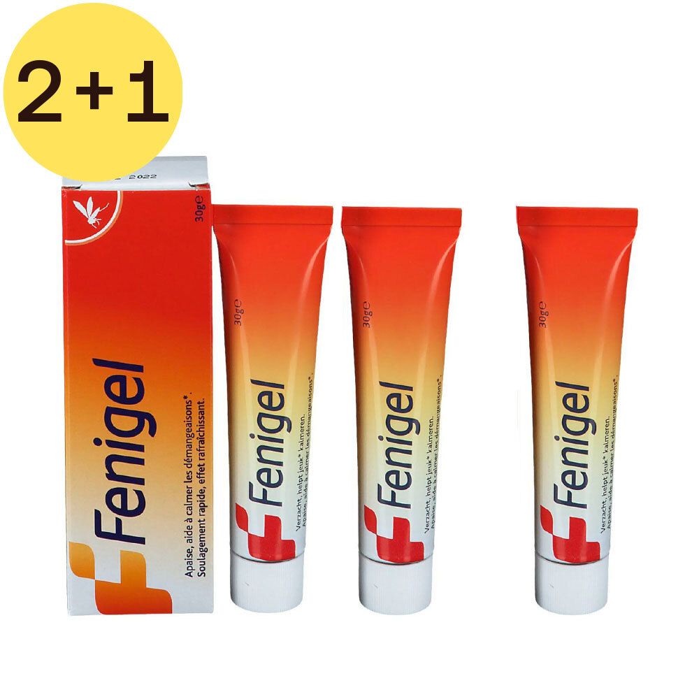 Trois tubes et une boîte. Les tubes indiquent "Fenigel". L'emballage indique "2+1".