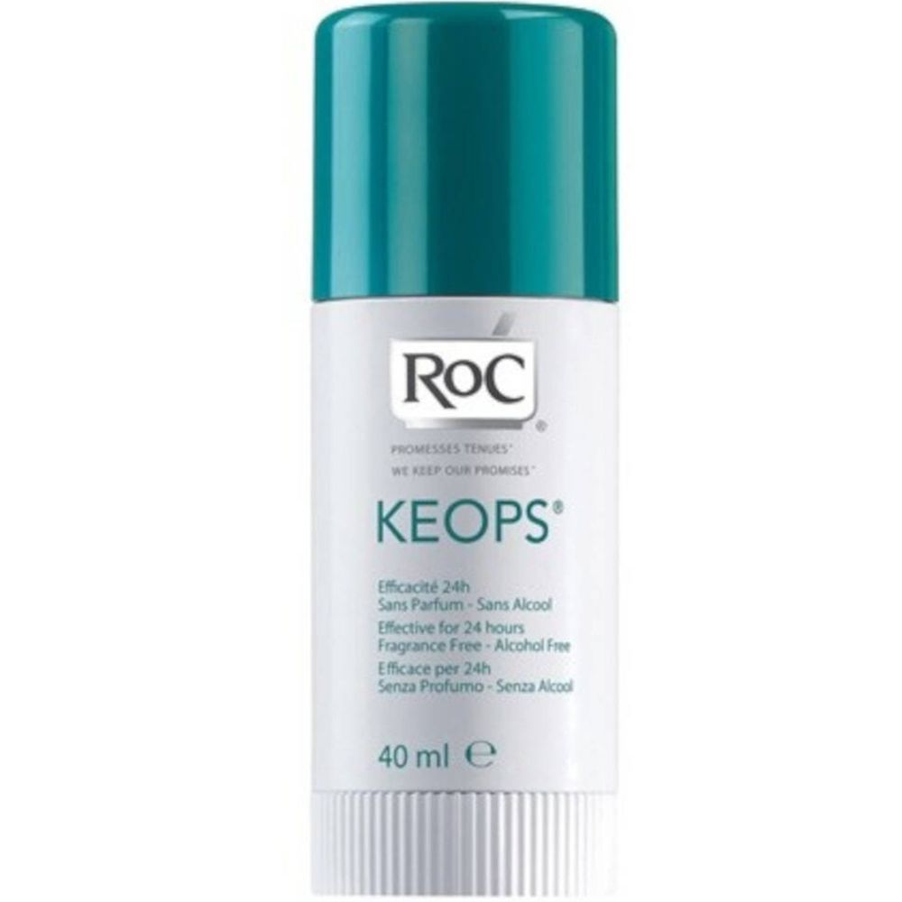 Stick déodorant RoC Keops, 40 ml. Efficacité 24h, sans parfum, sans alcool. Bouchon bleu. Texte en plusieurs langues.