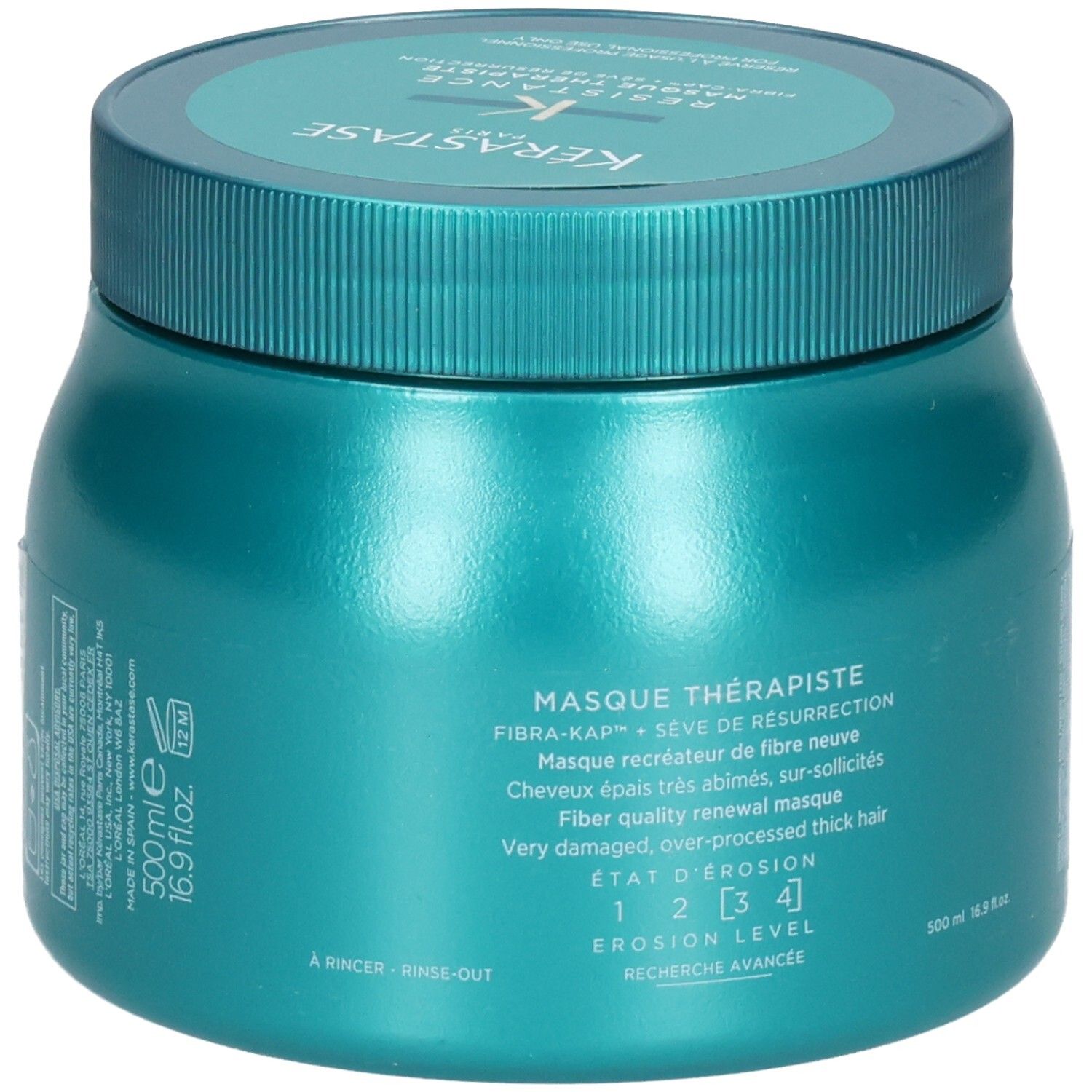 Pot turquoise avec inscription Kérastase Masque Thérapiste et 500ml.