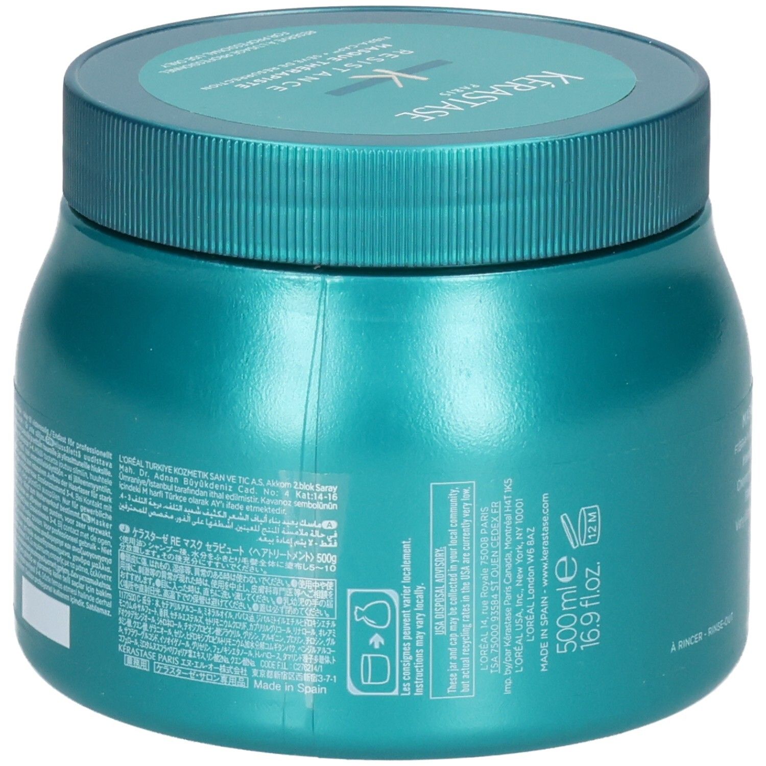 Pot de soin capillaire turquoise avec bouchon à vis. Contenance 500 ml. Marque Kerastase visible.