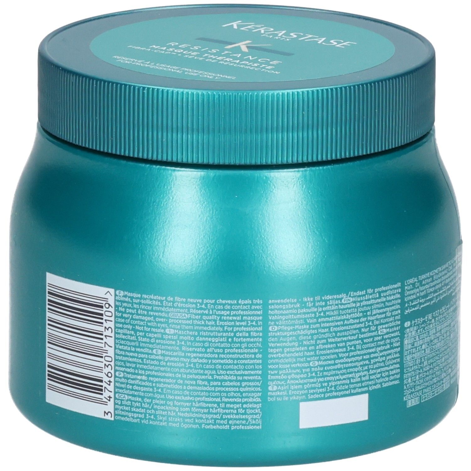 Pot turquoise avec bouchon à vis. Inscription : Kérastase Resistance Masque Force Architecte.
