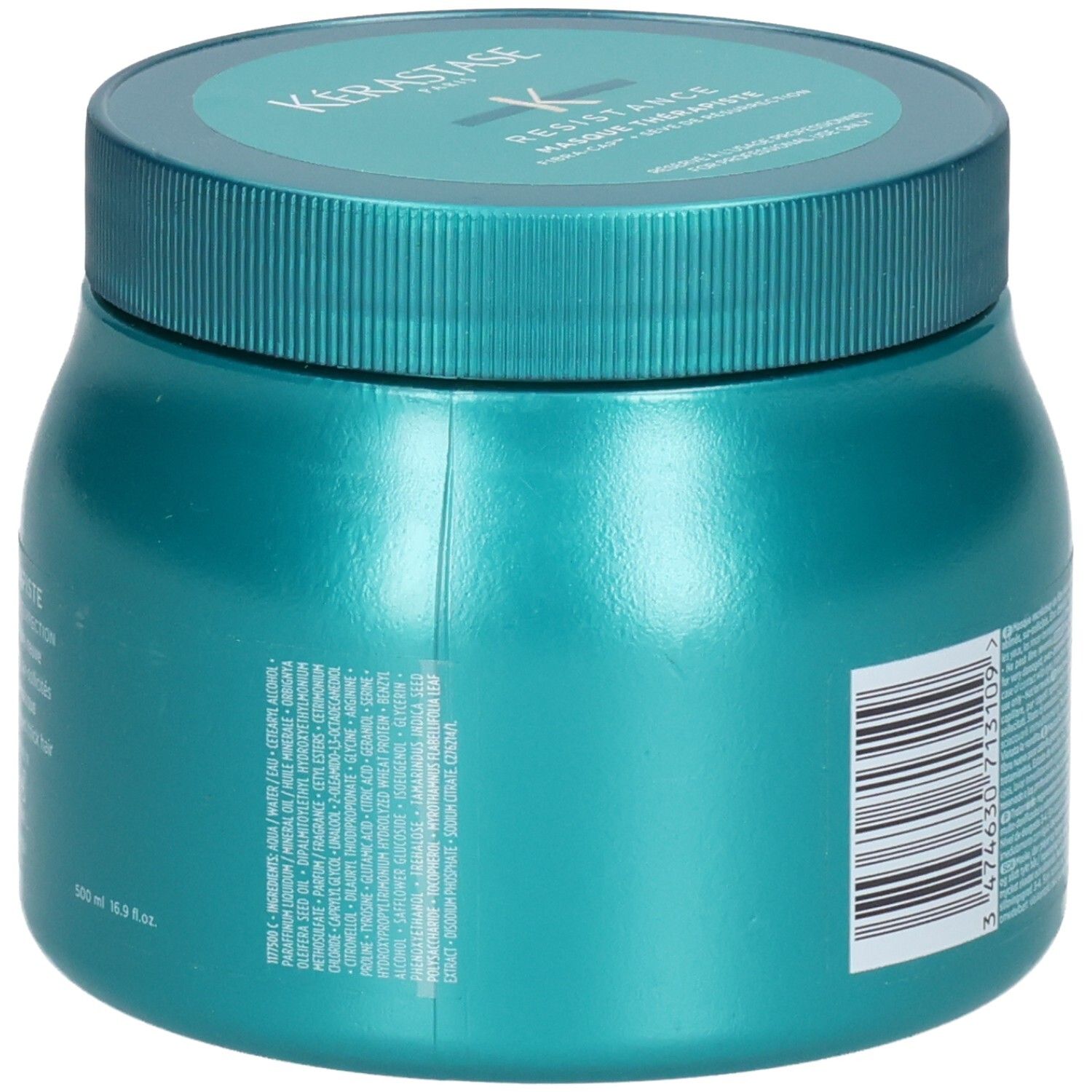 Pot de masque capillaire turquoise avec couvercle argenté. Marque Kérastase, gamme Résistance. 500 ml.