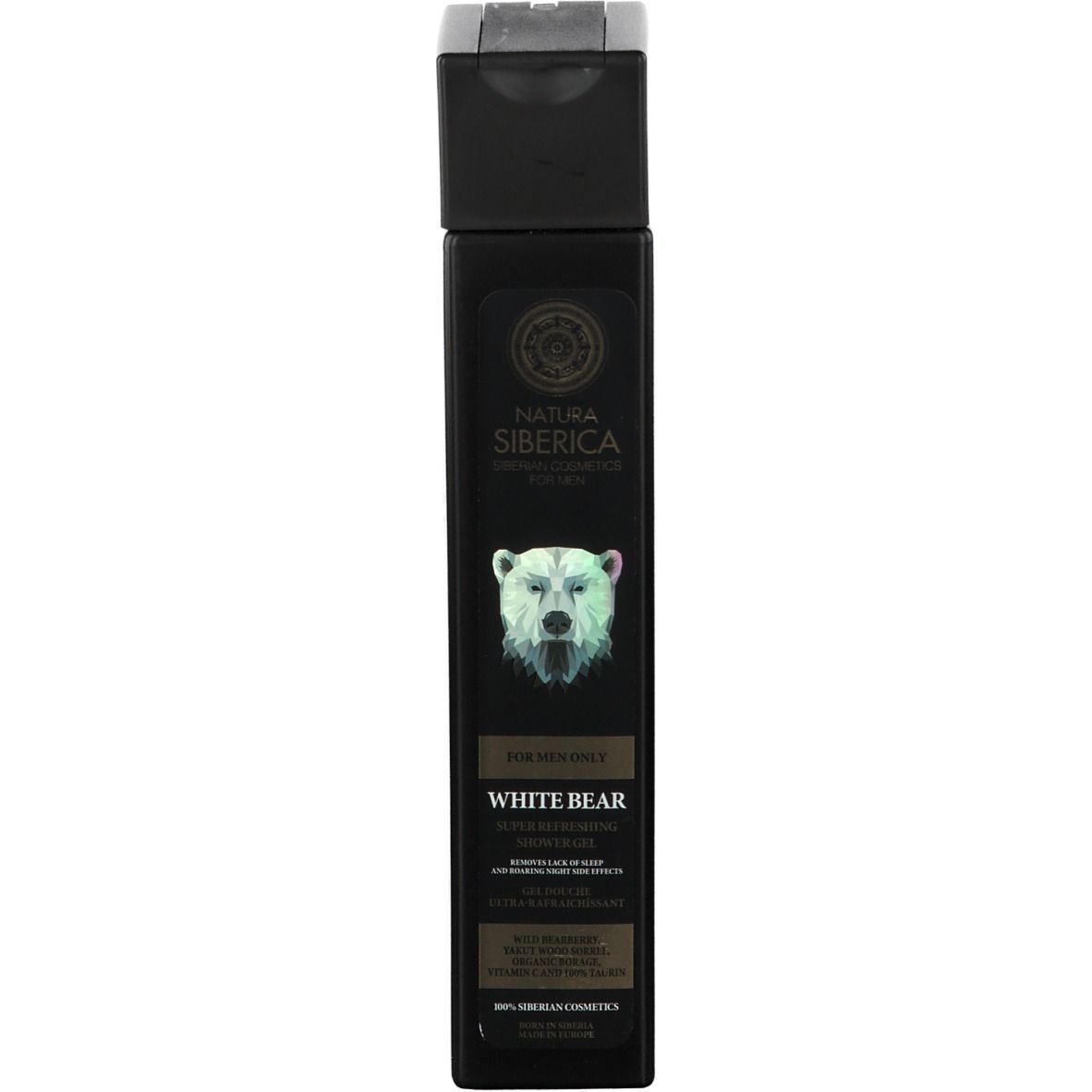 Flacon noir avec logo ours blanc et texte. Nom du produit: White Bear. Marque: Natura Siberica.