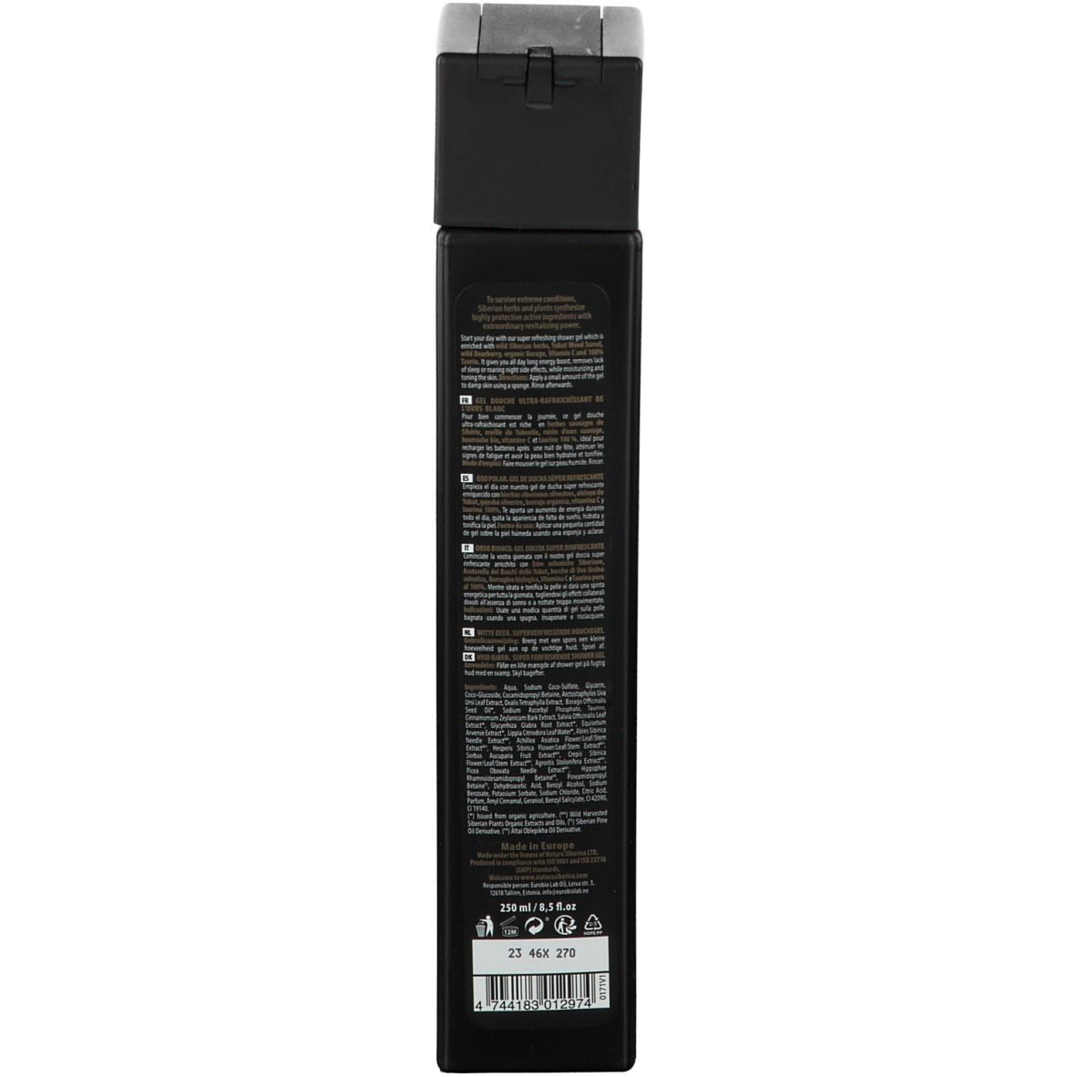 Dos d'un flacon noir avec texte. Contient des informations en plusieurs langues. Volume: 250 ml.
