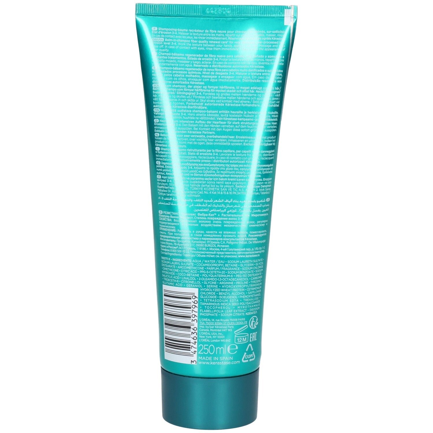Tube turquoise avec étiquette arrière et indication 250ml.