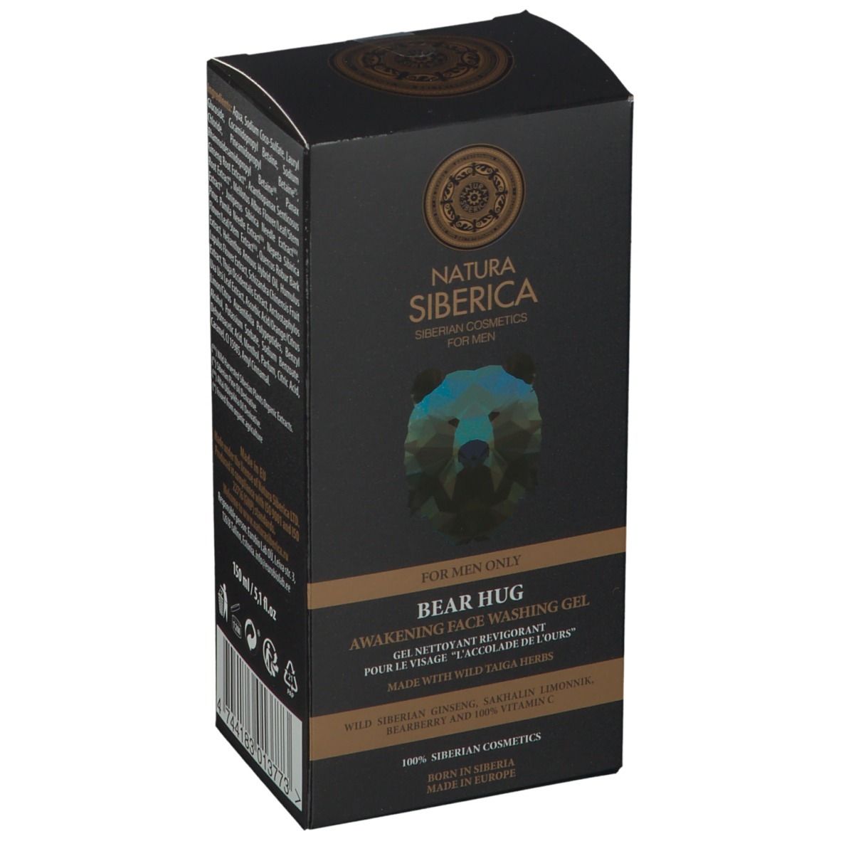 Emballage noir. Natura Siberica, gel nettoyant visage Bear Hug. Texte et illustration d'ours. Pour hommes.