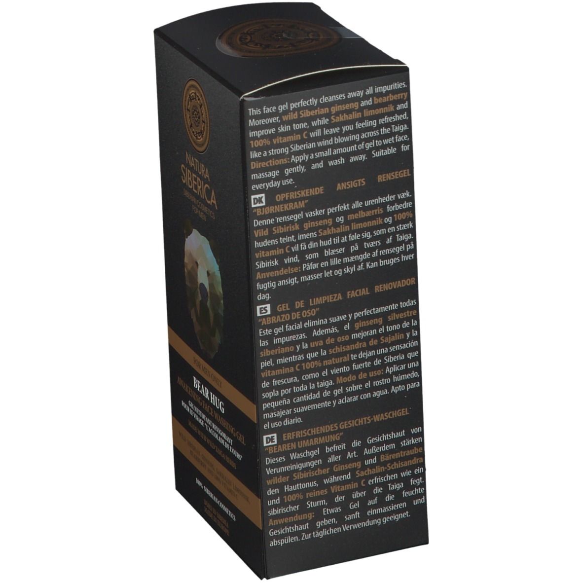 Emballage noir. Texte sur les ingrédients et l'utilisation. Natura Siberica, gel nettoyant visage Bear Hug.