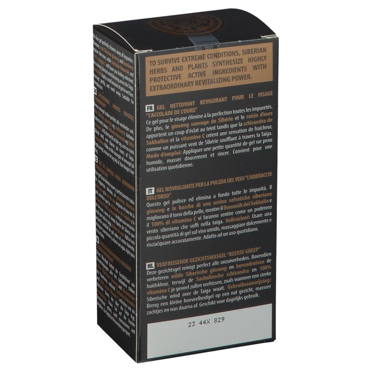 Emballage noir. Texte sur les ingrédients et l'utilisation. Natura Siberica, gel nettoyant visage Bear Hug.