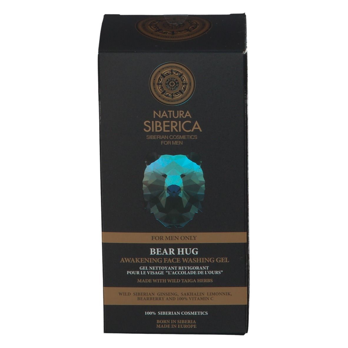 Emballage noir. Natura Siberica, gel nettoyant visage Bear Hug. Texte et illustration d'ours. Pour hommes.