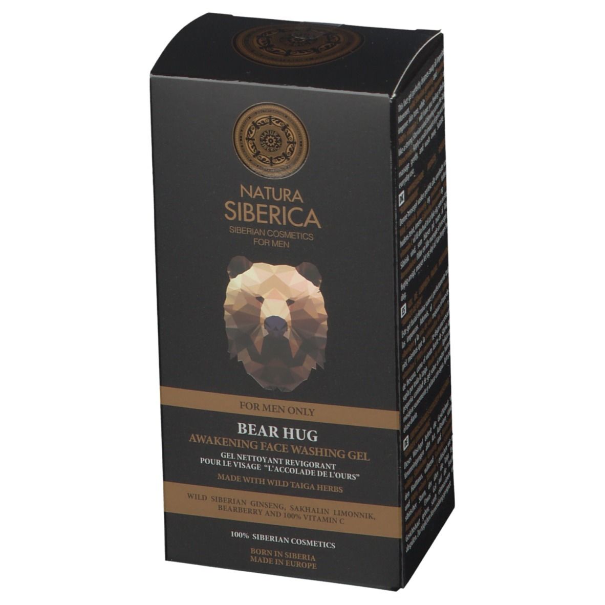 Emballage noir. Natura Siberica, gel nettoyant visage Bear Hug. Texte et illustration d'ours. Pour hommes.