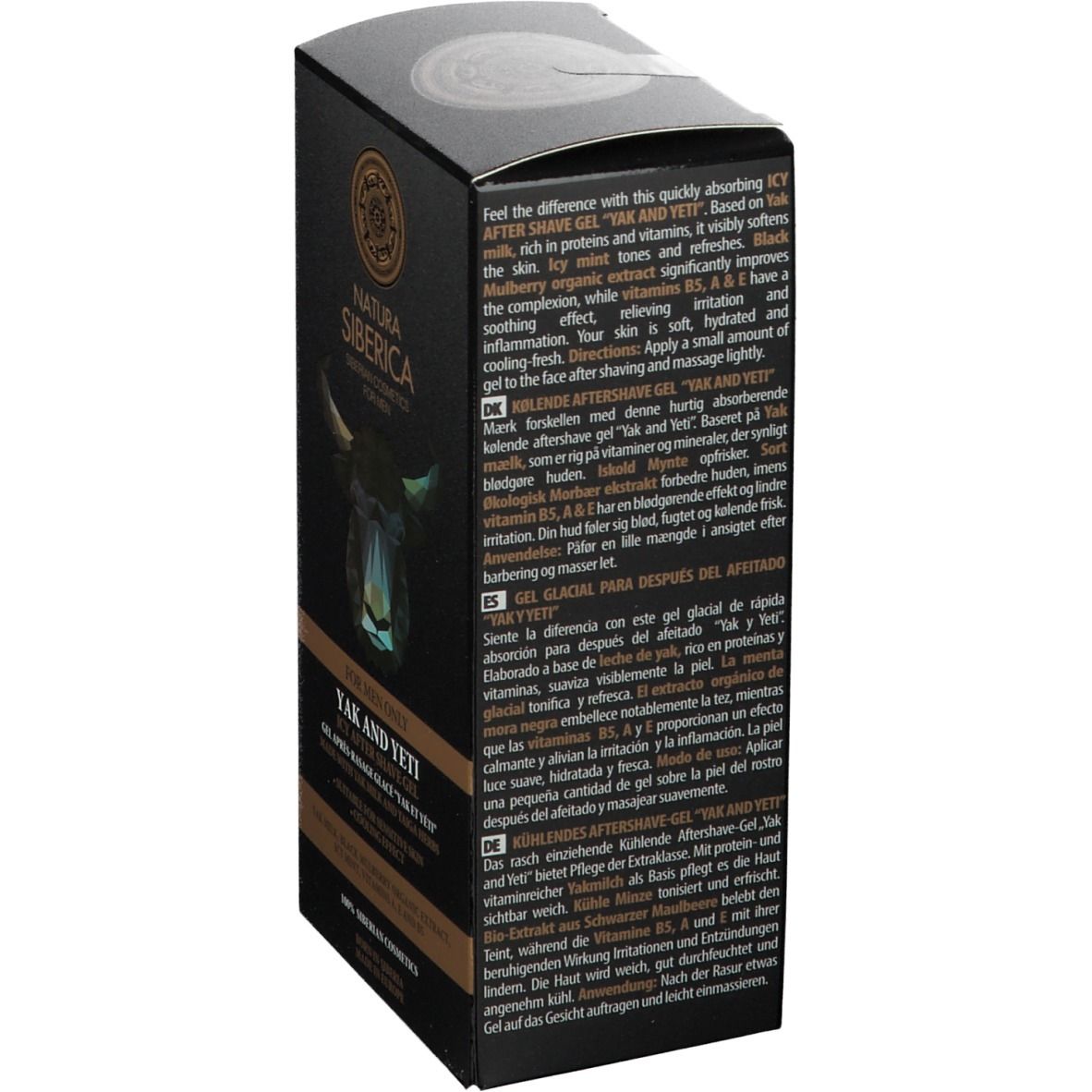 Boîte noire avec texte. Natura Siberica, Yak & Yeti Gel après-rasage. Texte en plusieurs langues.