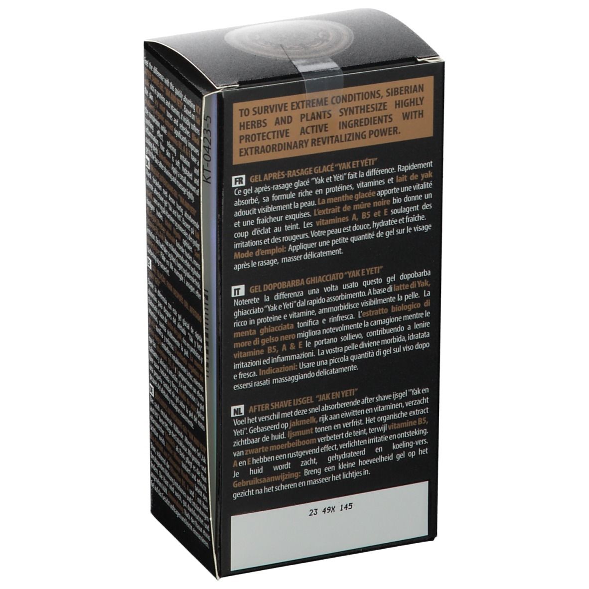 Boîte noire avec texte. Natura Siberica, Yak & Yeti Gel après-rasage. Texte en plusieurs langues.