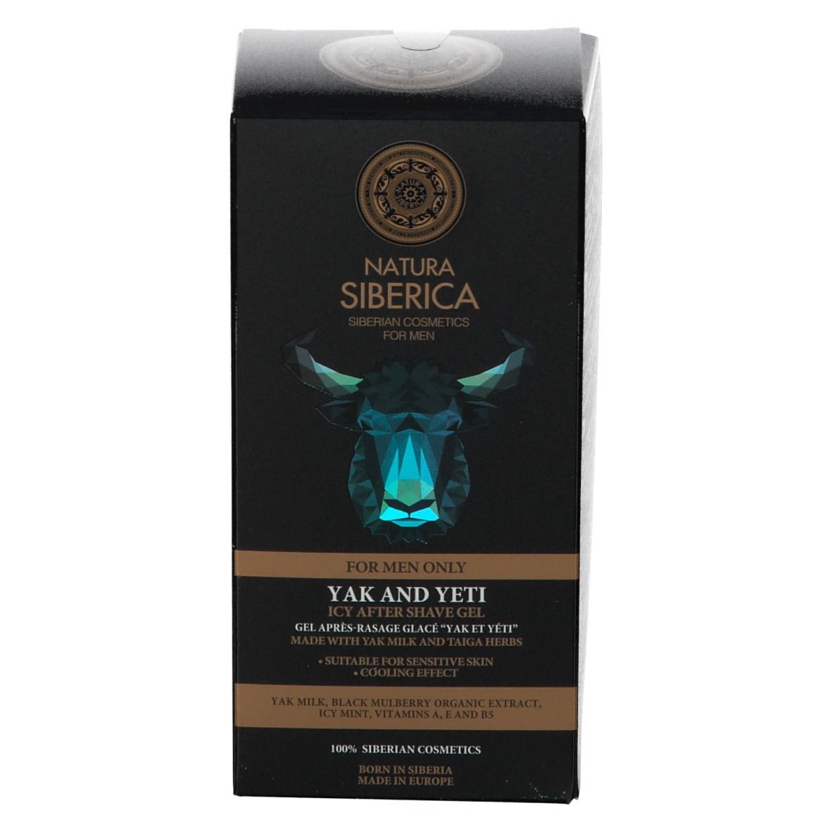 Boîte noire avec logo et texte. Natura Siberica, Yak & Yeti Gel après-rasage glacé. Pour hommes.