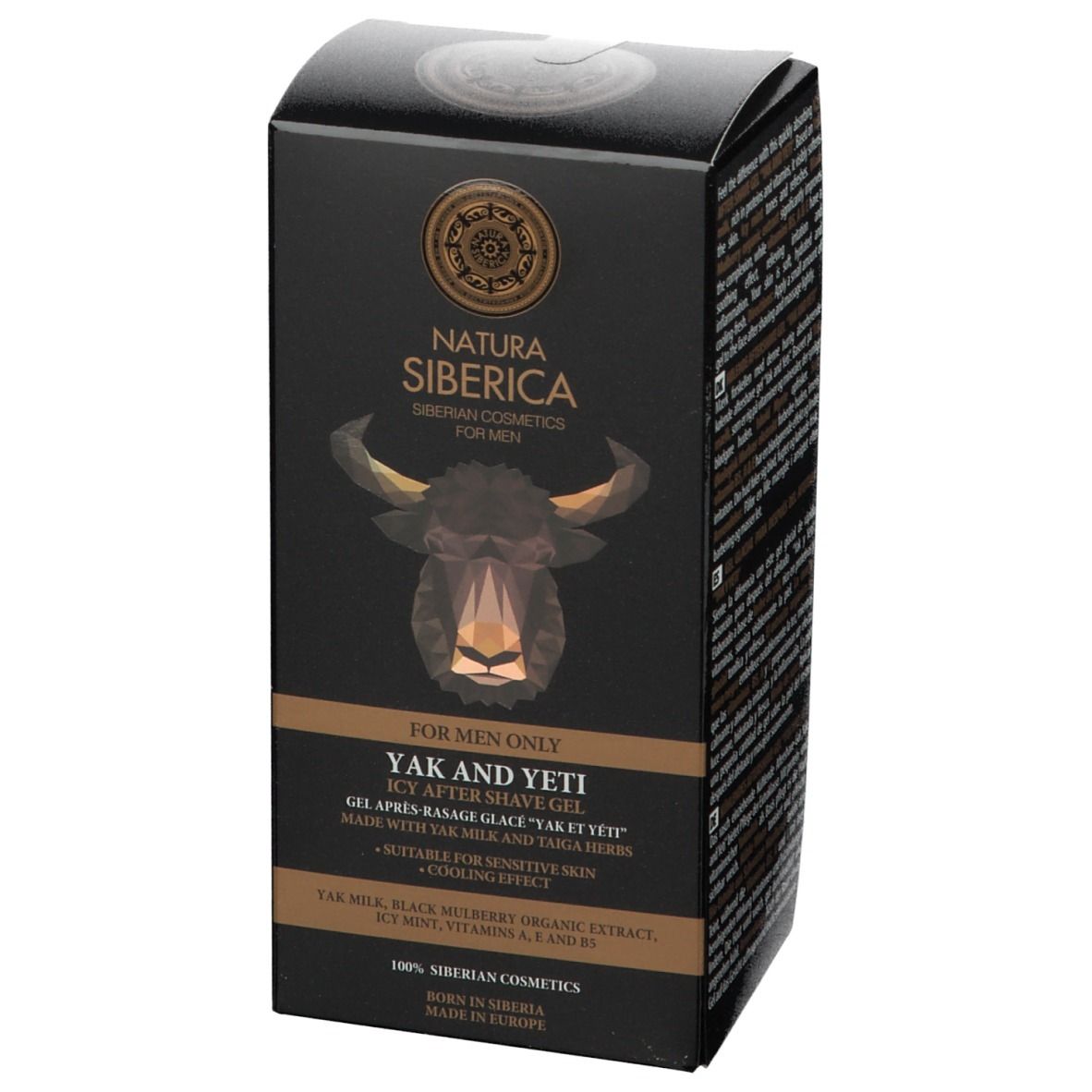Boîte noire avec logo et texte. Natura Siberica, Yak & Yeti Gel après-rasage glacé. Pour hommes.