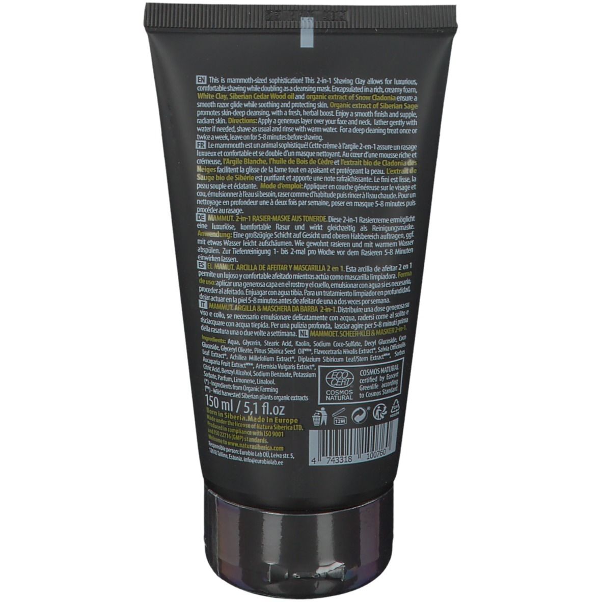 Tube noire avec texte. En bas, "150 ml / 5,1 fl.oz". En haut, un logo.