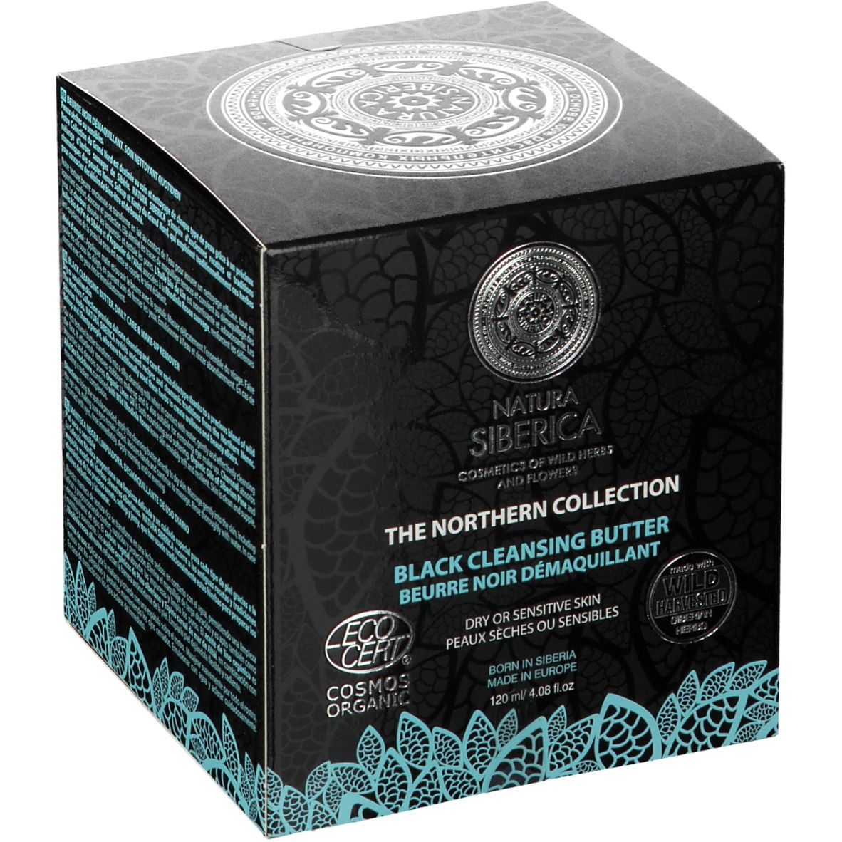 Emballage noir carré. Inscription : Natura Siberica, The Northern Collection, Black Cleansing Butter. Logo EcoCert.