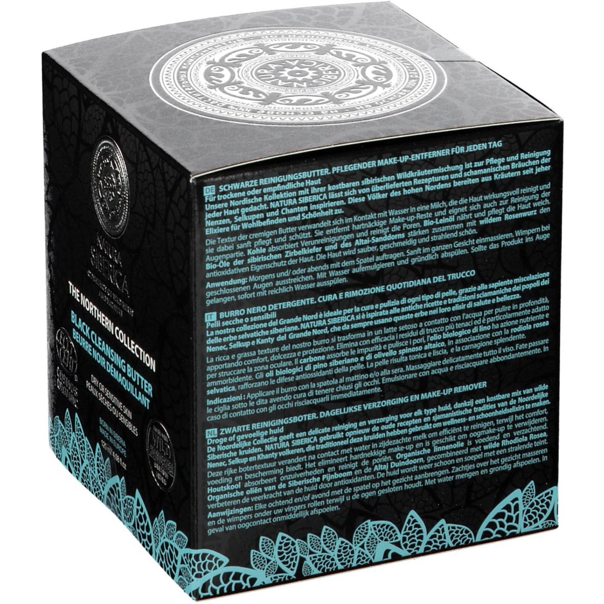 Emballage noir avec texte. Inscription : Beurre nettoyant noir, soin quotidien. Texte en allemand, italien, néerlandais.