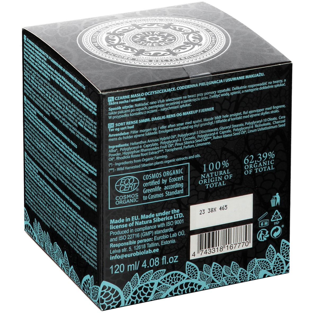Emballage noir avec texte. Inscription : Ingrédients, 100% d'origine naturelle, 62,39% organique. Logo EcoCert.
