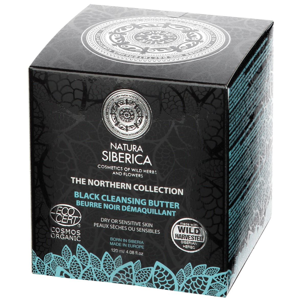 Emballage noir carré. Inscription : Natura Siberica, The Northern Collection, Black Cleansing Butter. Logo EcoCert.