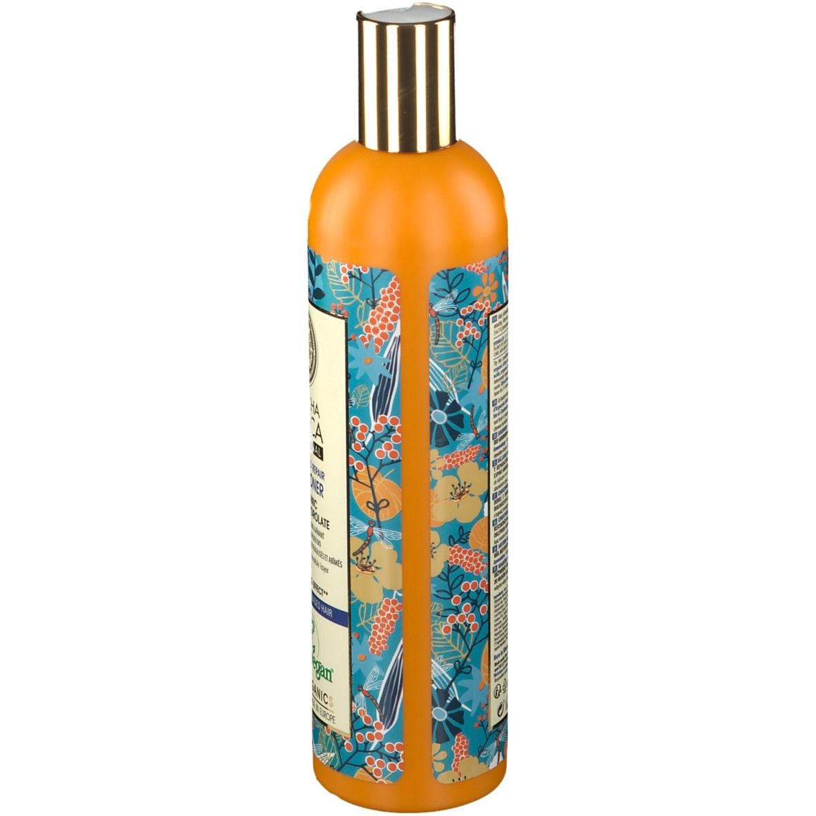 Flacon orange avec motif floral. Vue latérale. Bouchon doré.