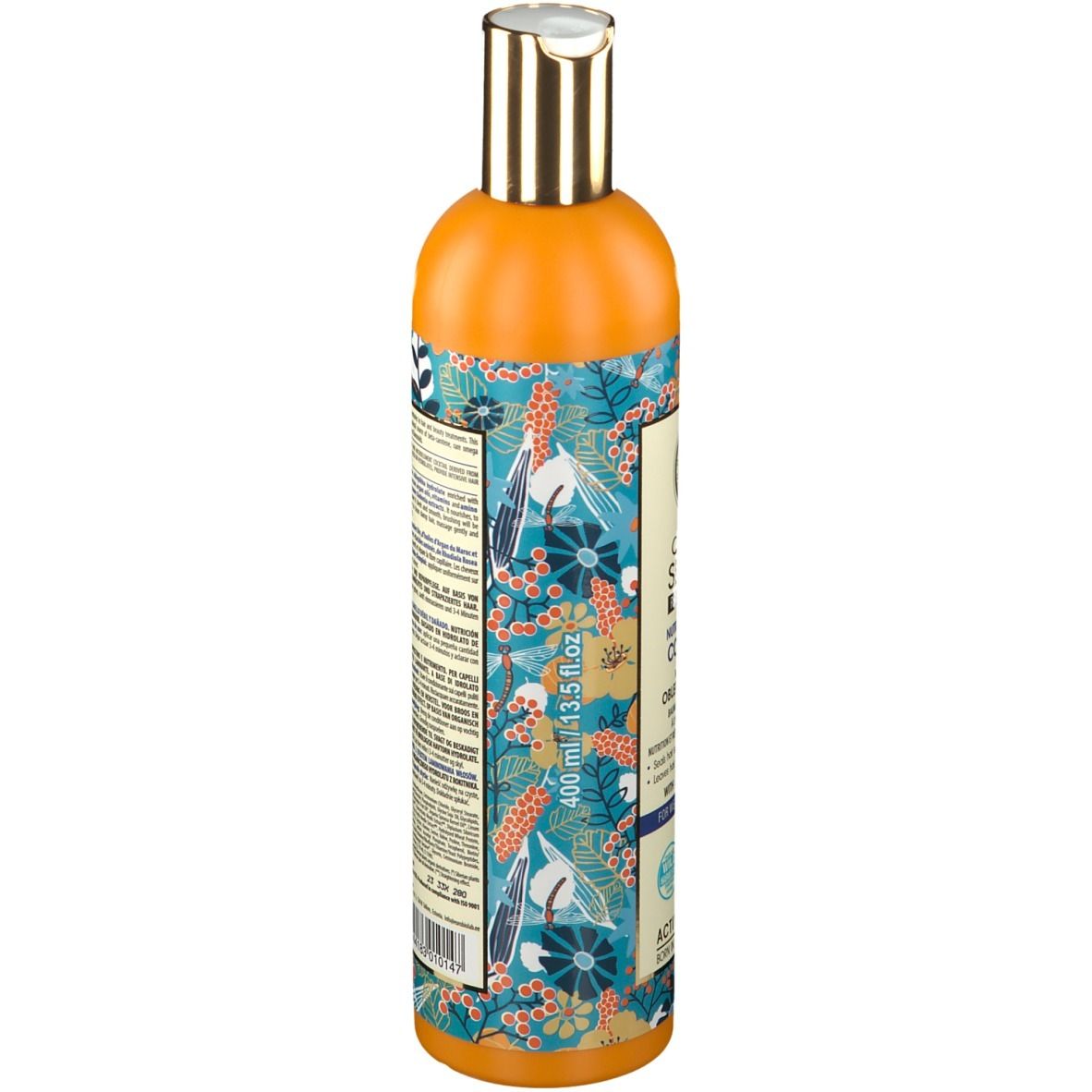 Dos du flacon orange. Texte en plusieurs langues. Motif floral. Indication de volume.