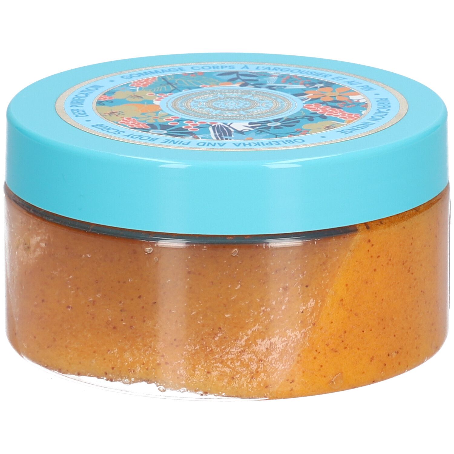 Pot rond avec couvercle bleu. Inscription: Oblepikha and Pine Body Scrub. Label Vegan. 300 ml.