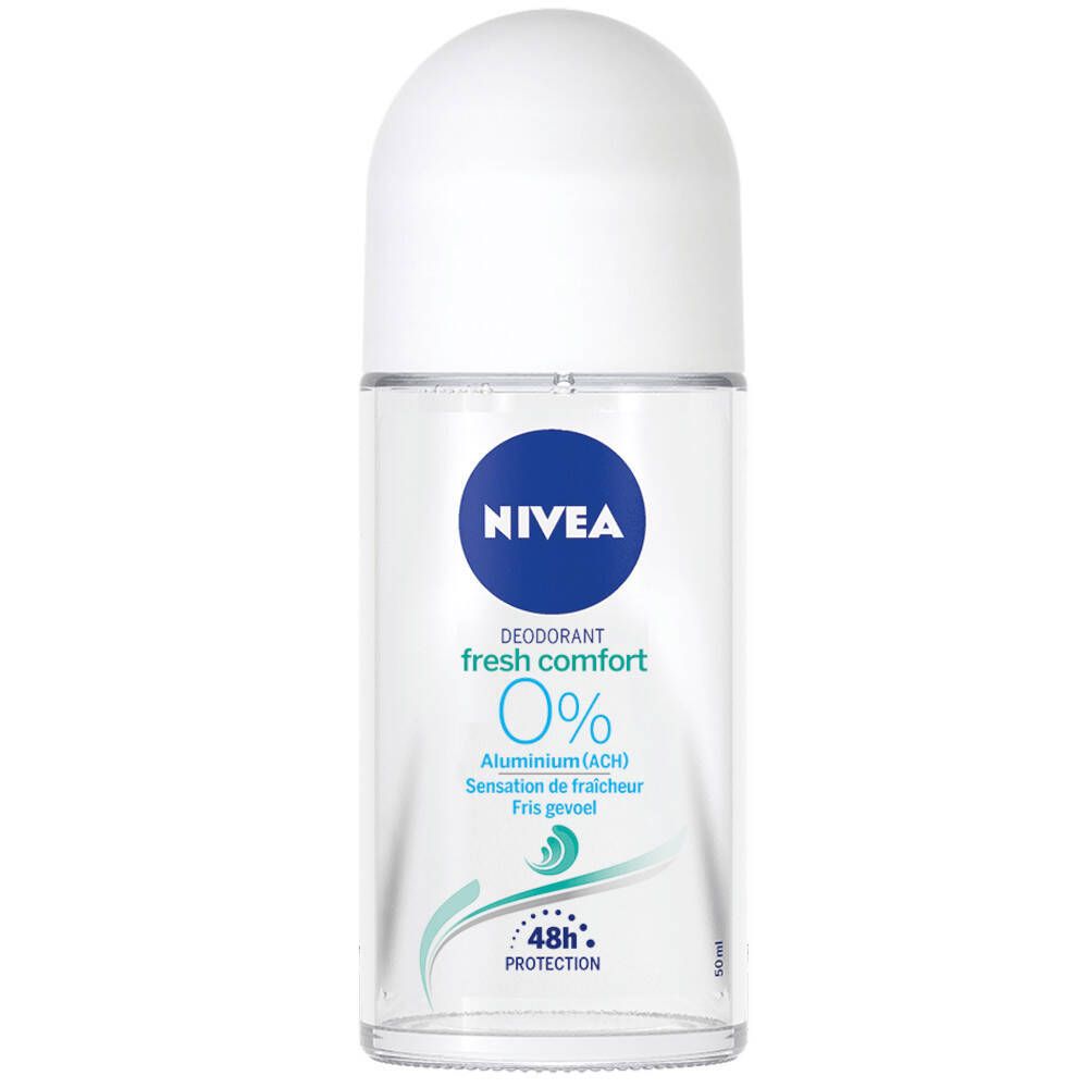 Roll-on NIVEA Fresh Comfort. Déodorant avec bouchon blanc et logo bleu. 0% aluminium. Protection 48h.