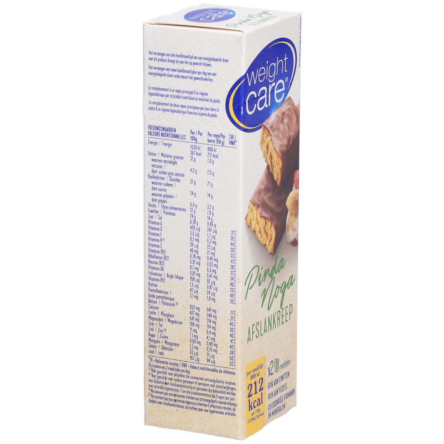 Emballage de barres Weight Care®. Informations nutritionnelles et liste des ingrédients sur le côté. Texte en néerlandais.
