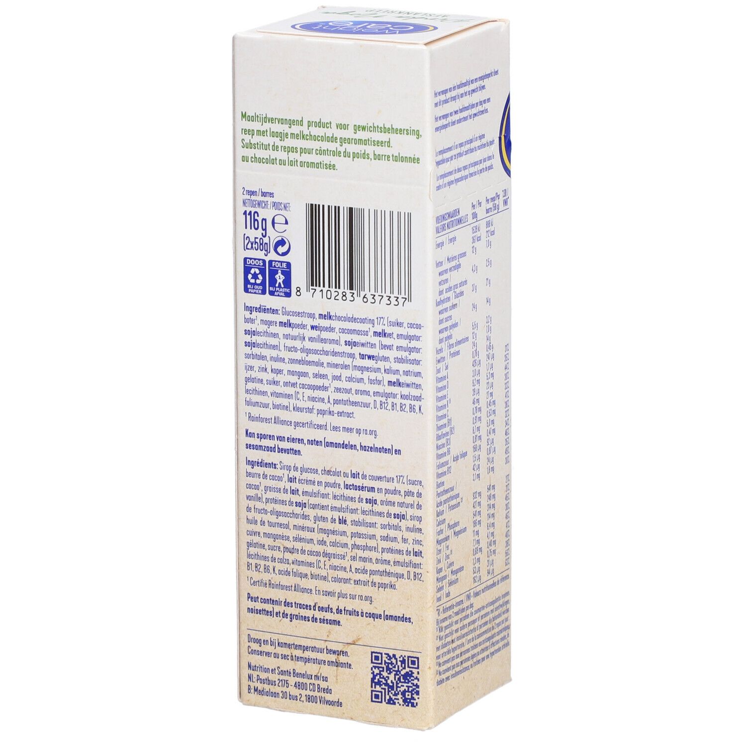 Emballage de barres Weight Care®. Dos avec liste des ingrédients, informations nutritionnelles et coordonnées du fabricant. Texte en néerlandais.