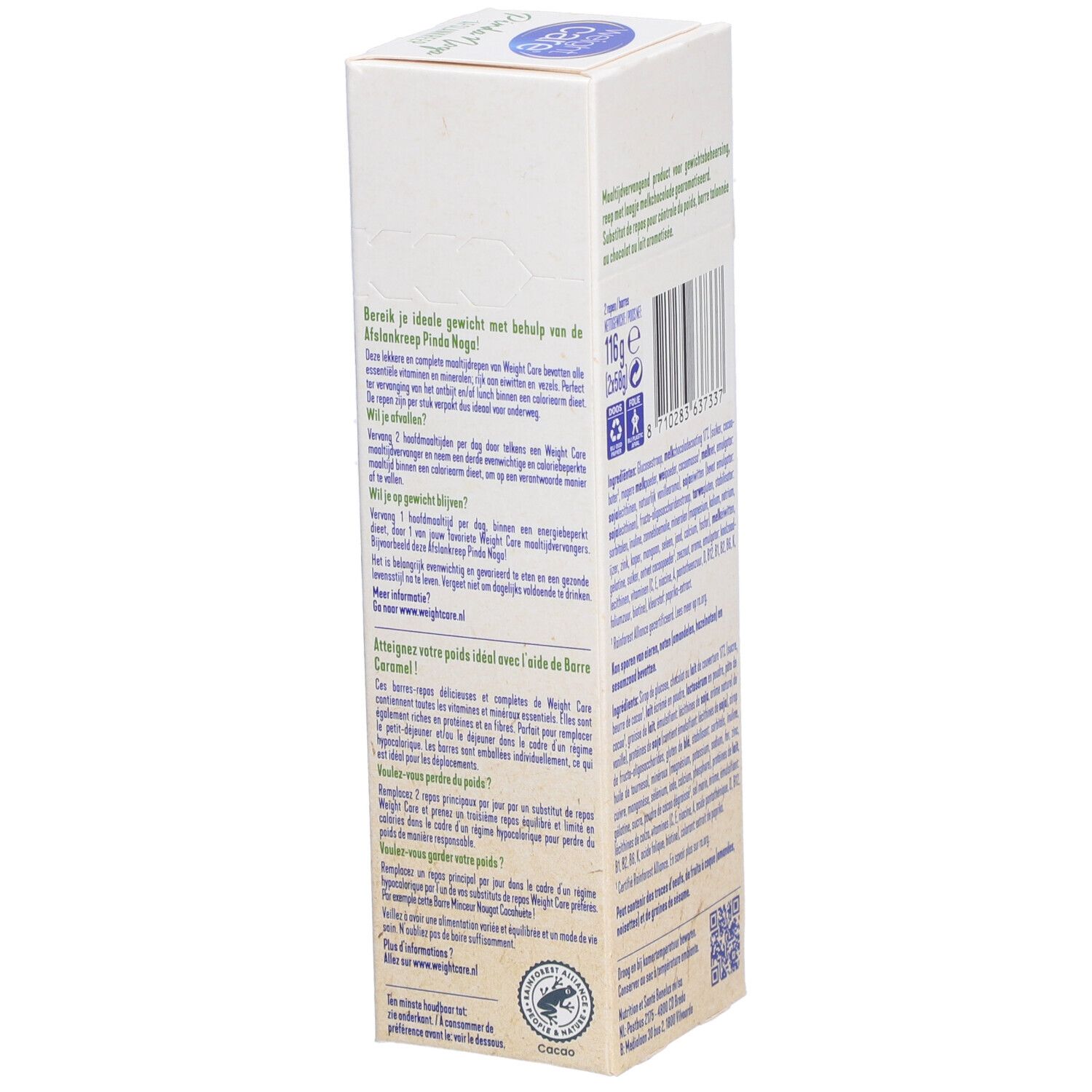 Emballage de barres Weight Care®. Côté avec informations sur la perte de poids. Texte en néerlandais.